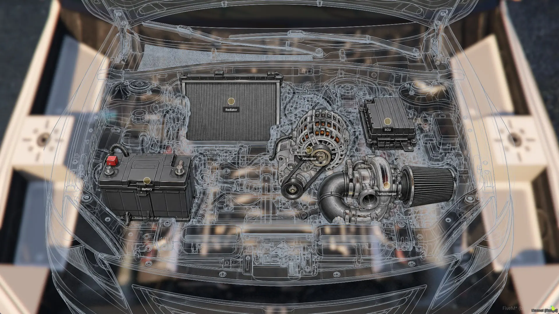 The engine bay hub - battery, radiator, alternator, ECU and turbocharger, each a hotspot to pick