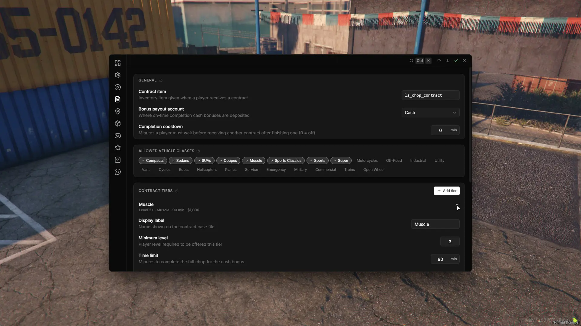The Contracts tab - bonus account, completion cooldown, allowed vehicle classes and the Muscle tier expanded