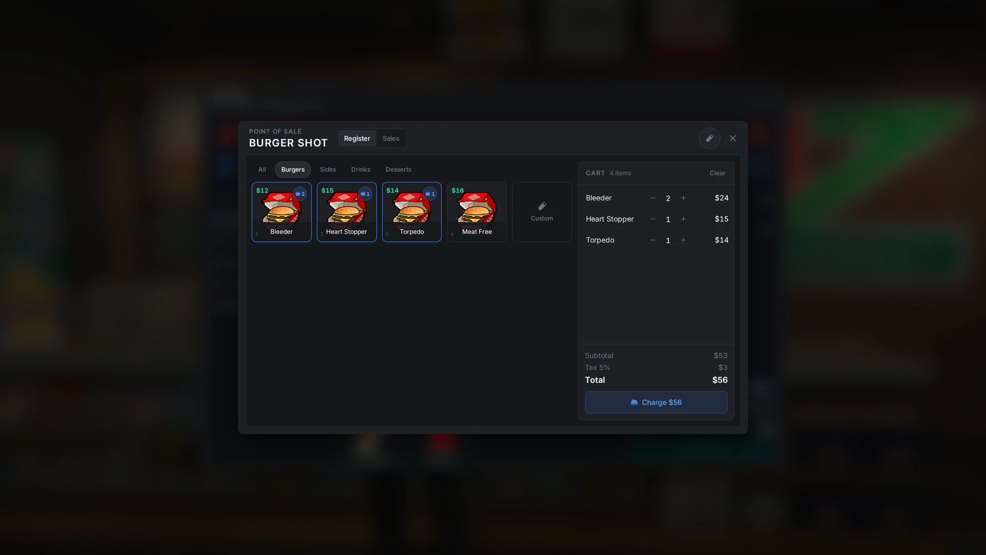 Modern Banking point of sale at Burger Shot: three burgers rung up with 5% tax and a Charge button