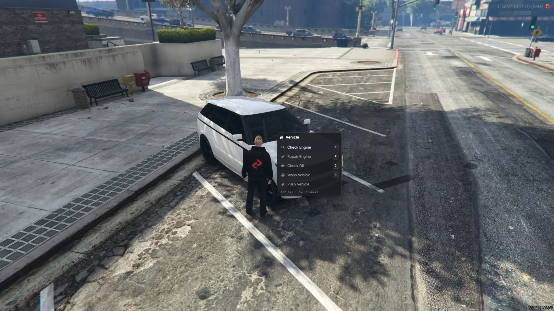 Modern Interact vehicle menu open at the hood of a car - five keybound options with keycaps and the Alt + click hint