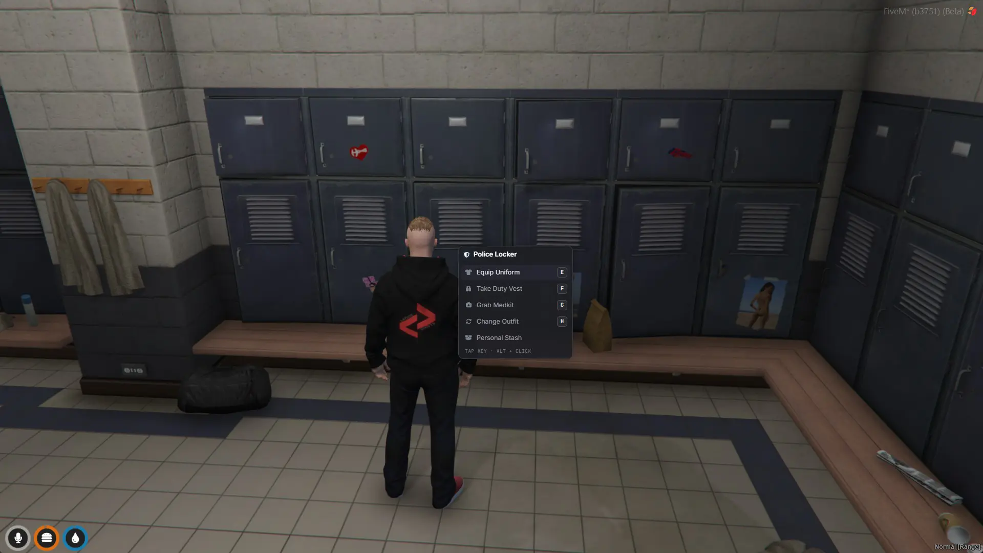 Modern Interact Police Locker menu open with five keybound options in the default dark theme