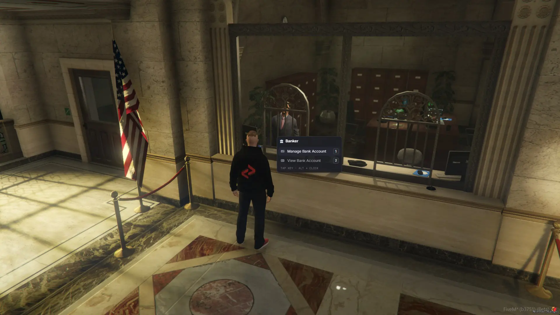 A banking script's stock ox_target options rendered by Modern Interact as a Banker menu - true drop-in compatibility