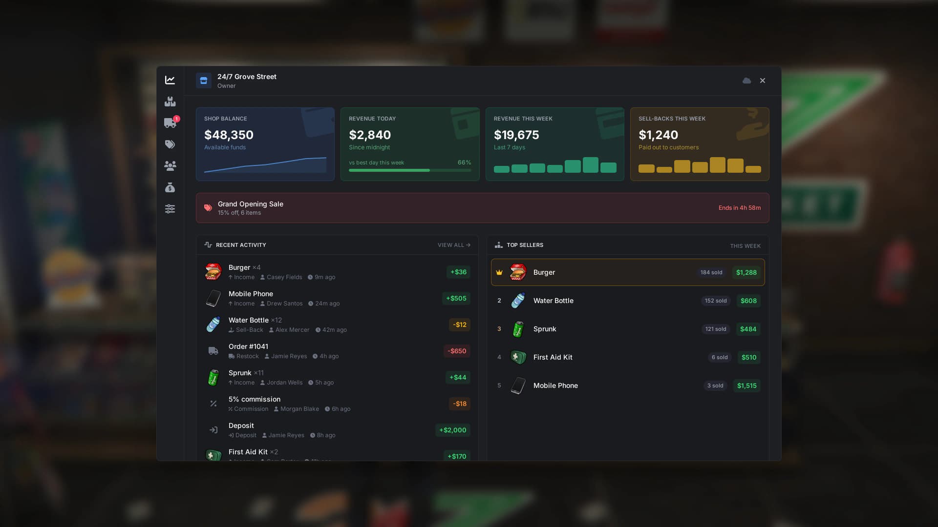 Owner dashboard with live revenue, sell-backs, top sellers and recent activity
