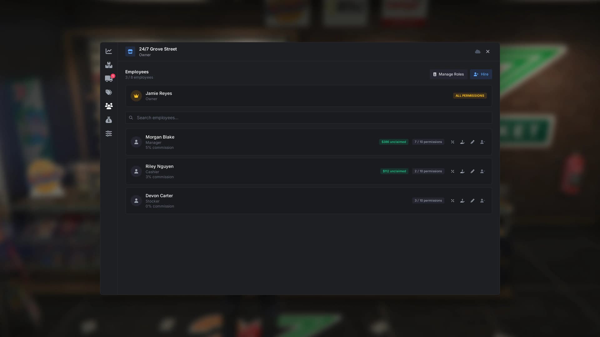 Hire employees with role presets, granular permissions and sales commissions