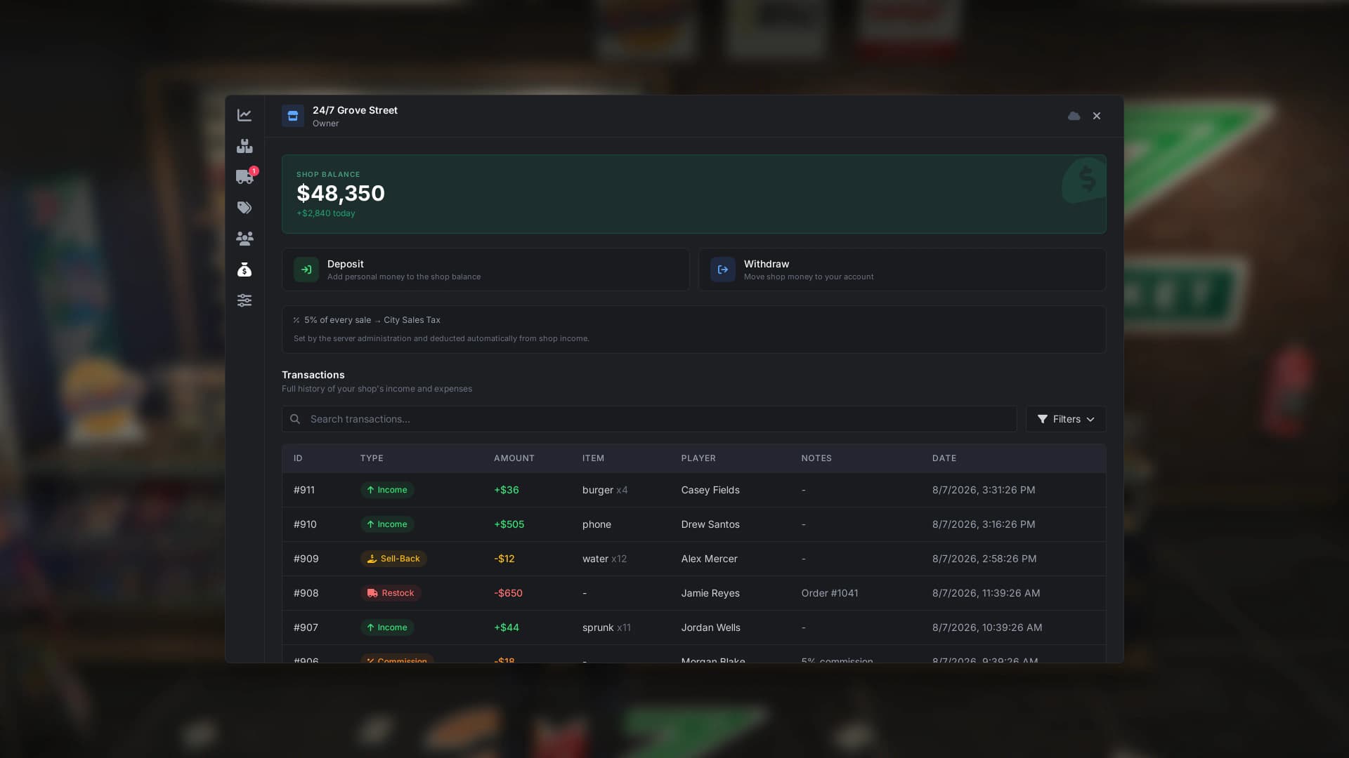 Shop balance with deposits, withdrawals and a full transaction ledger