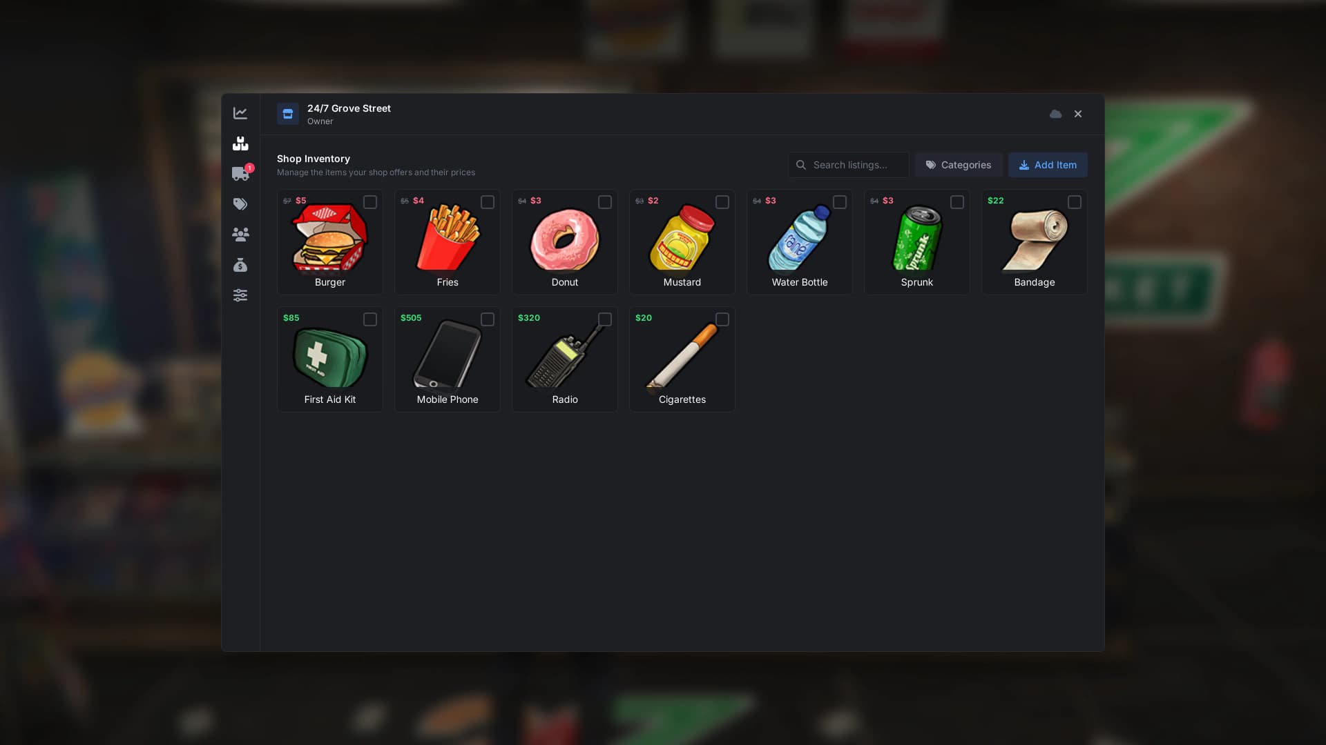 Owners manage their own listings and prices within admin-set catalog bounds