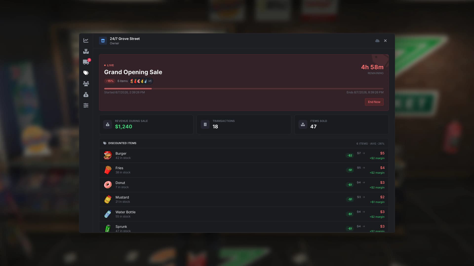Owners run limited-time sales with live revenue tracking and per-item margins