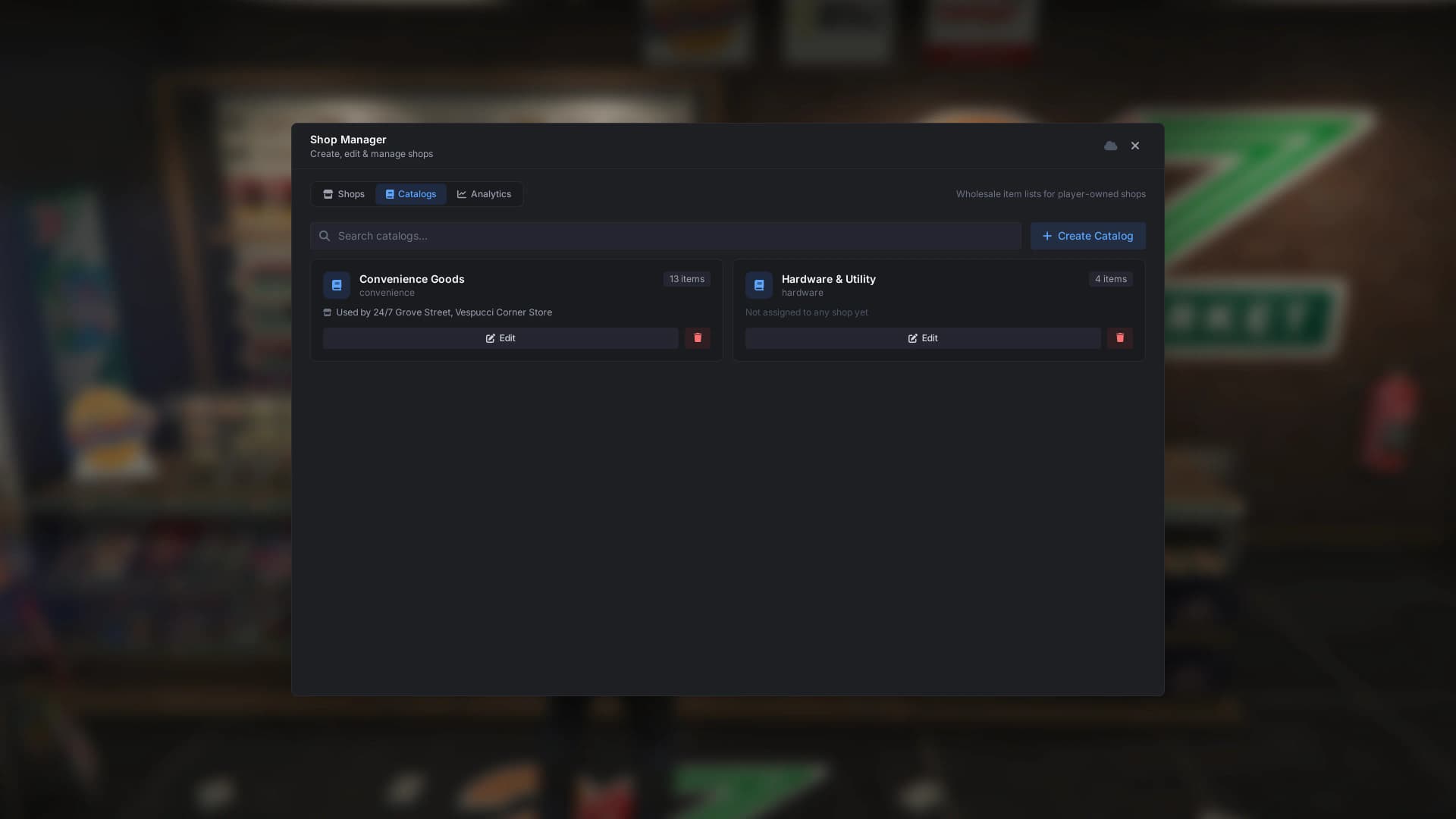 Wholesale item catalogs controlling what player-owned shops can stock