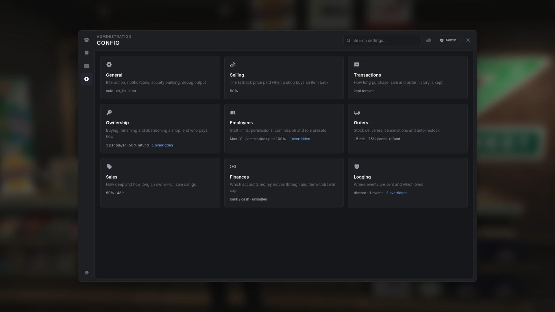 Config landing: nine sections, every server-wide option edited in game