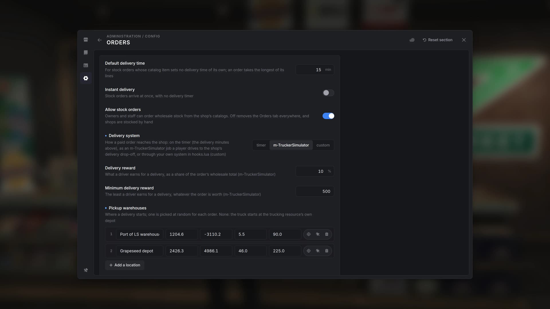 Config › Orders: delivery system set to m-TruckerSimulator with pickup warehouses