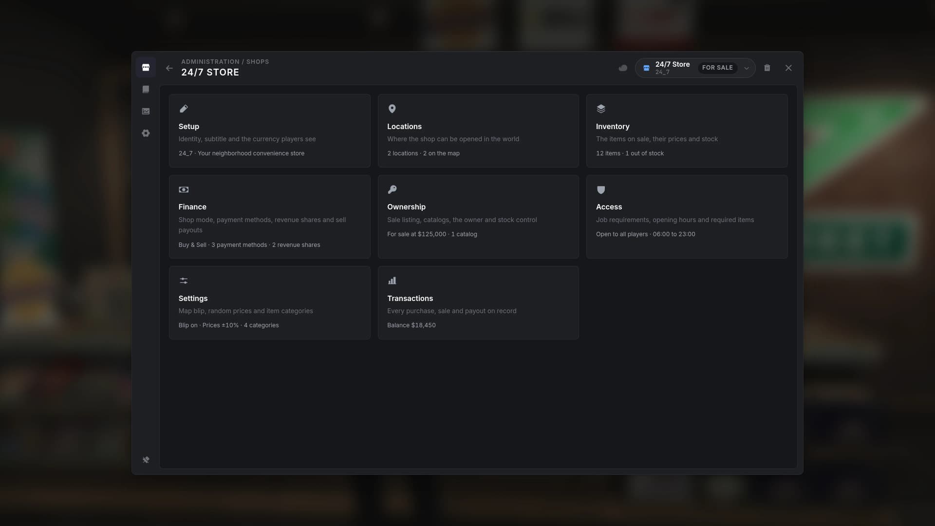 Shop editor landing: Setup, Locations, Inventory, Finance, Ownership, Access, Settings and Transactions