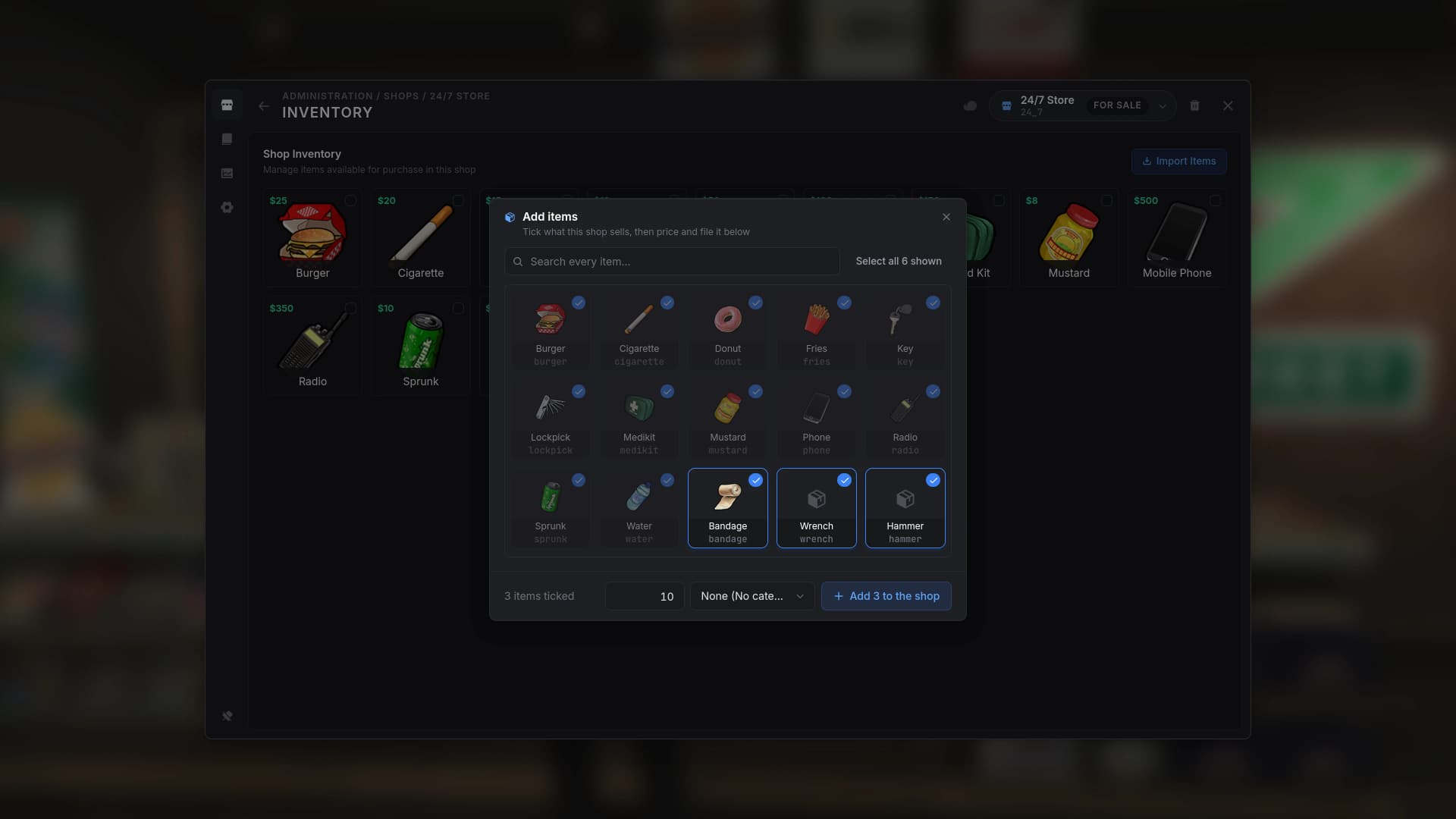 Item browser: tick items from your inventory and add them with a price and a category