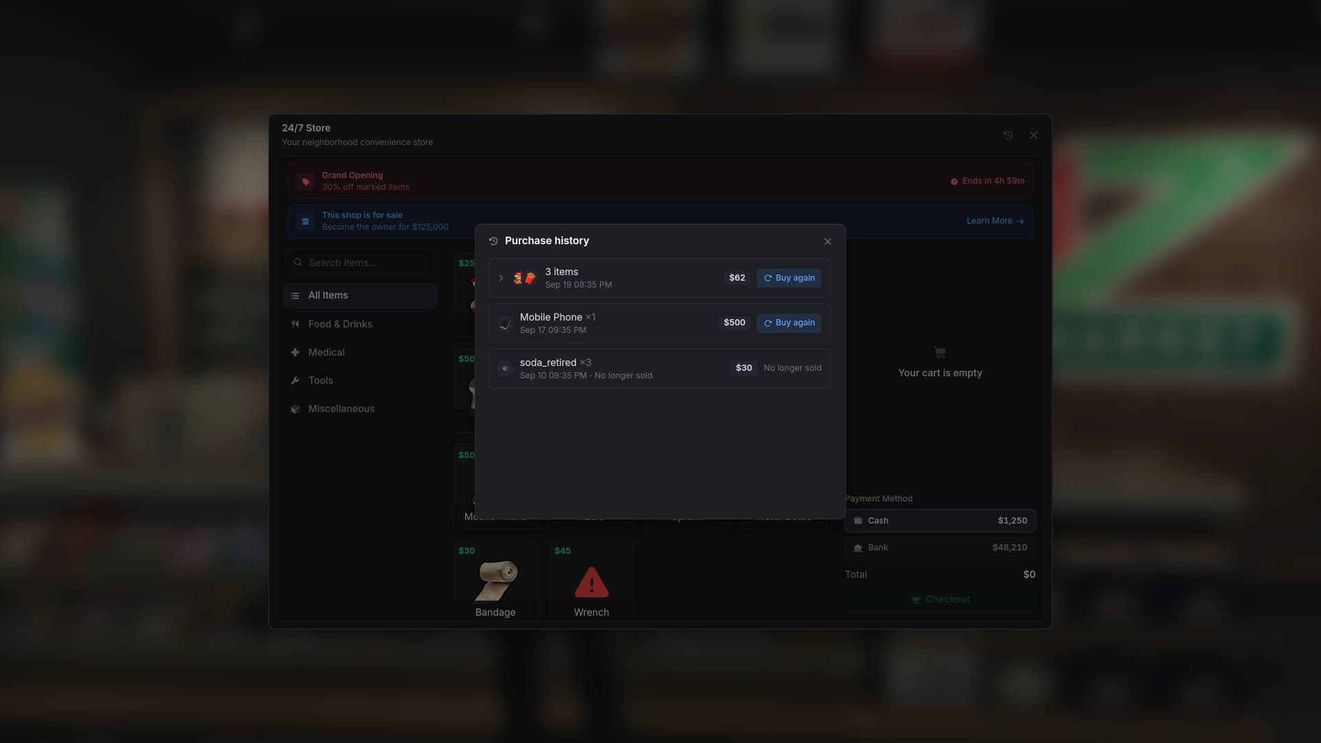 Purchase history with order-grouped receipts and one-click buy again