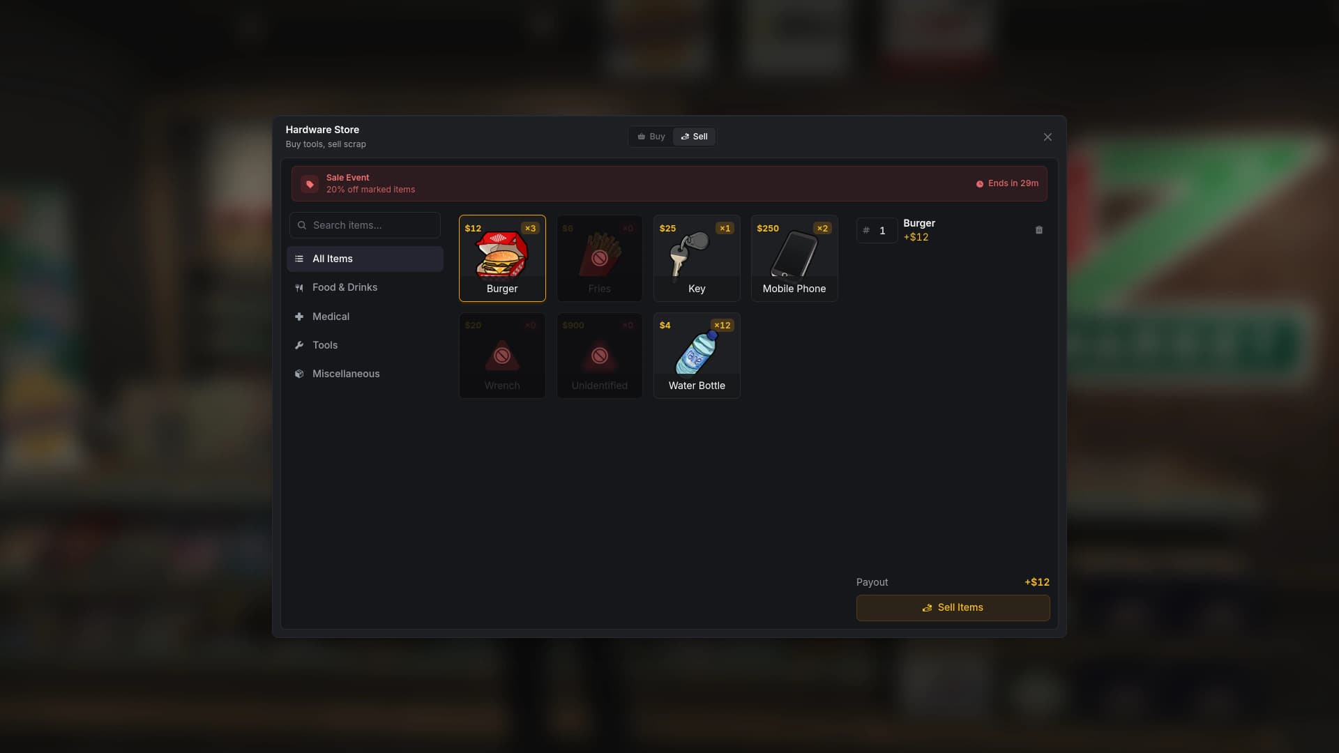 The sell tab of a combined buy and sell shop