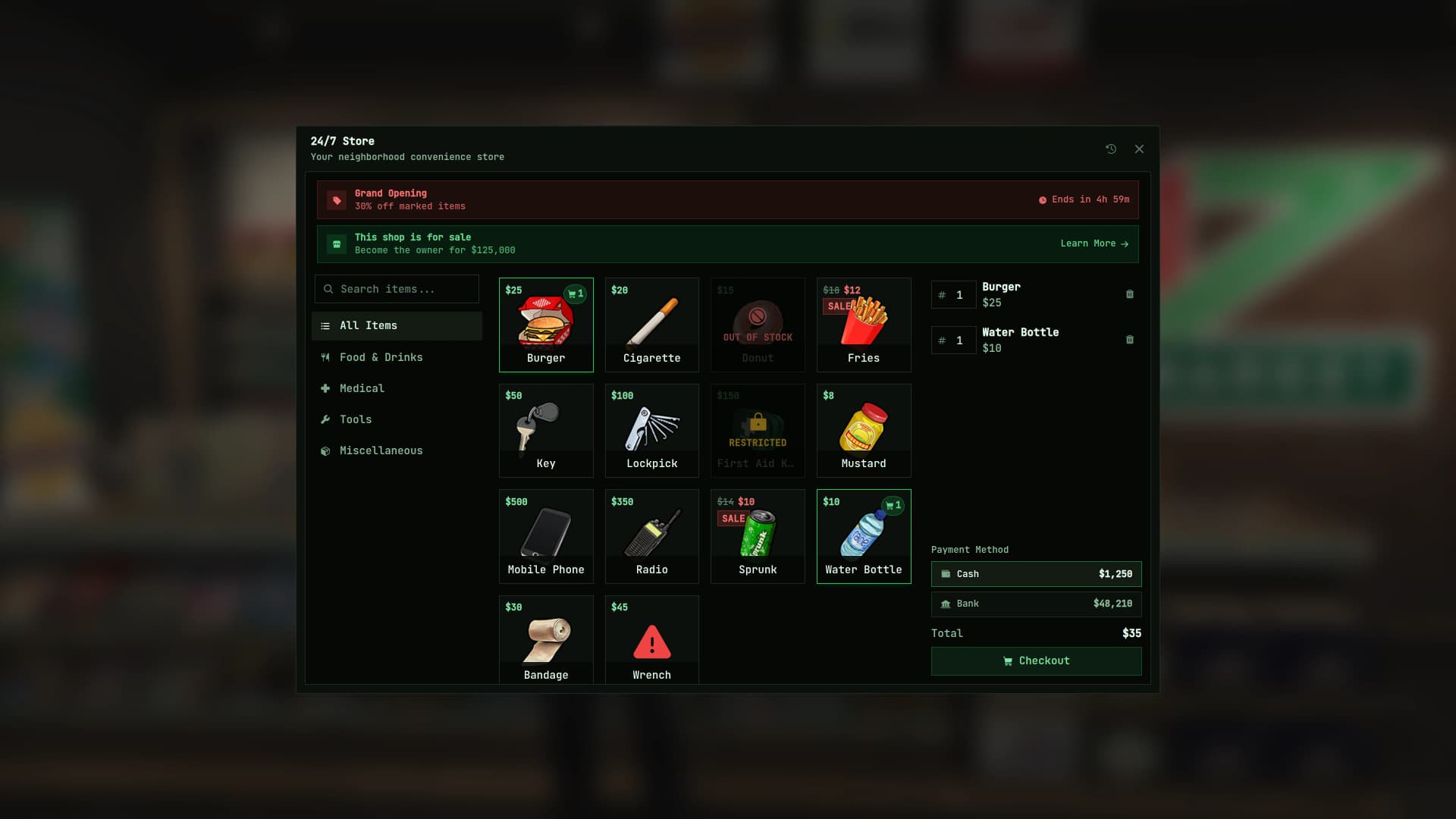 The same shop wearing a terminal Modern UI theme, synced live per player