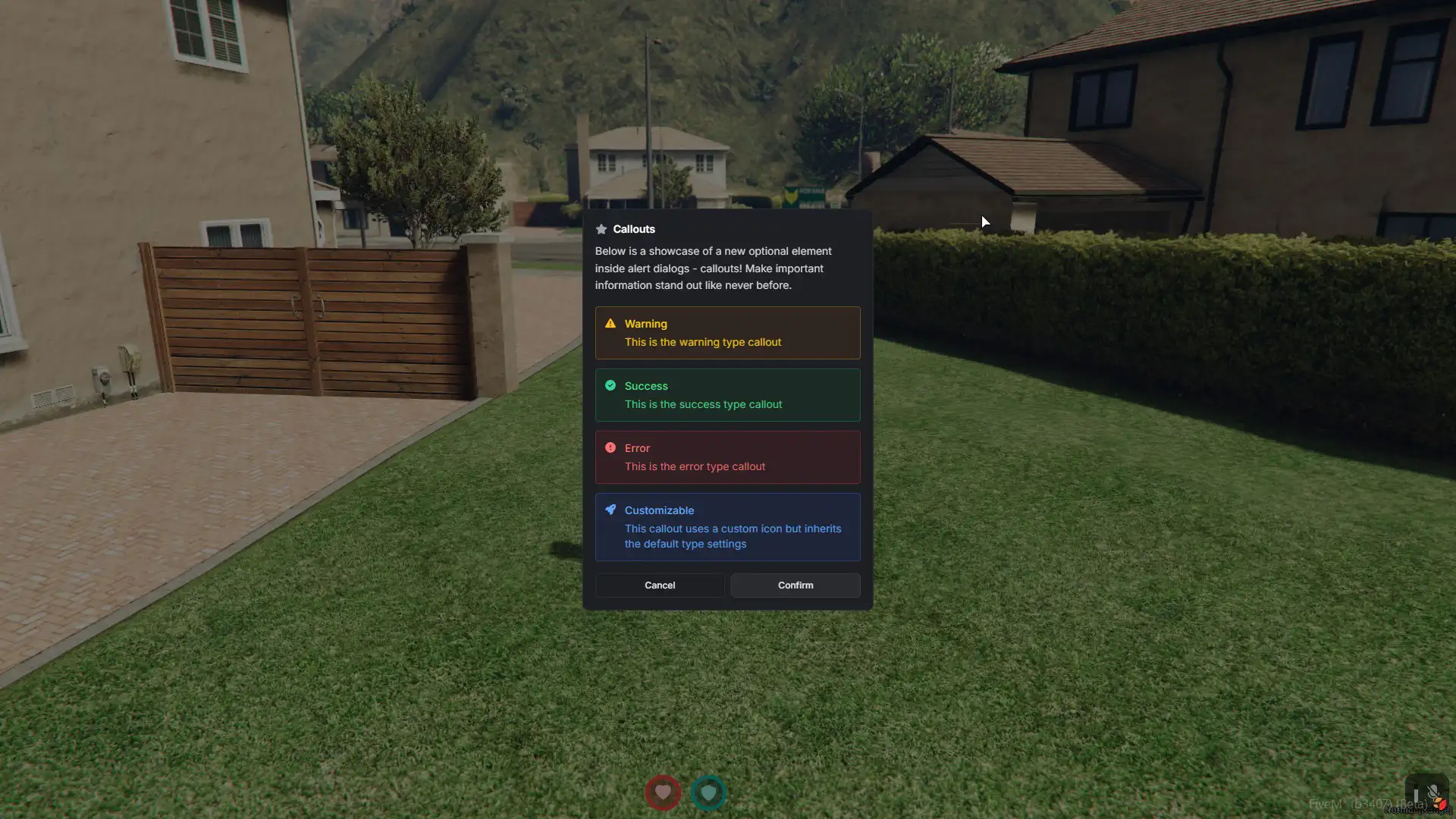 Modern UI alert dialog component preview showing confirmation dialogs